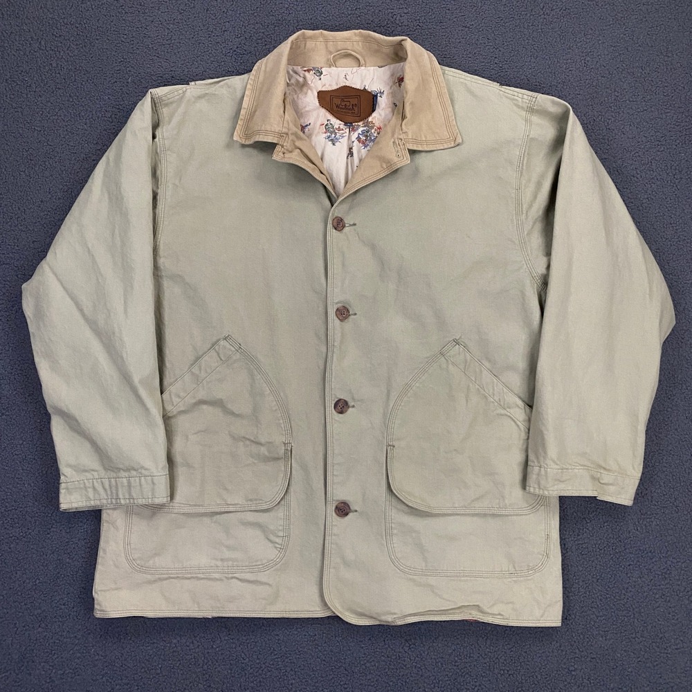 Vintage Woolrich Barn Coat Men Large Beige Lined Fly Fishing Chore Jacket Canvas
